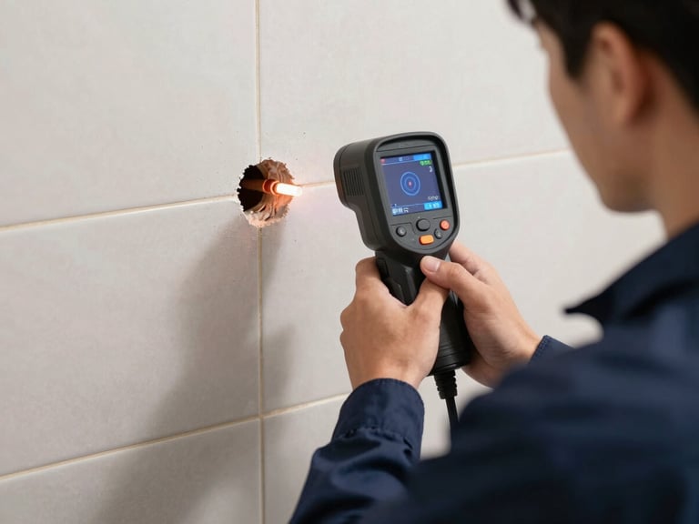 Close-up of a technician in a navy blue uniform using a thermal imaging camera to locate a hot water pipe leak behind a tiled villa wall, crisp lighting, technical diagnostic screen visible.
