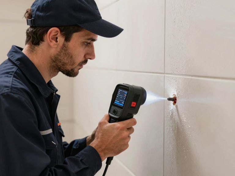 Crisp, bright close-up of a professional plumber in a dark navy uniform using a high-resolution thermal imaging camera to trace a pipe leak behind a tiled wall in Dubai.