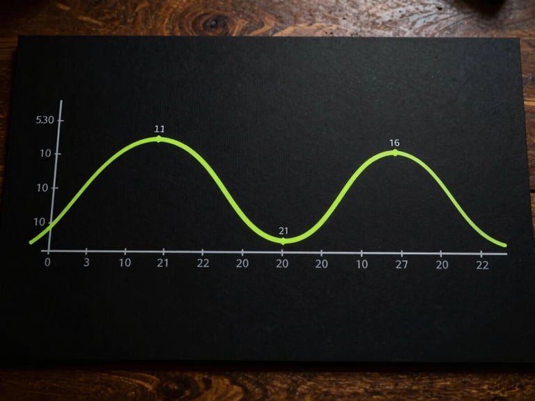 Wide overhead diagram of a cycle curve visualization on a near-black surface, two peaks connected by a neon green lag interval marker with numerical offset labels, studio precision rendering, zero ambient warmth, data-forward framing with no human presence