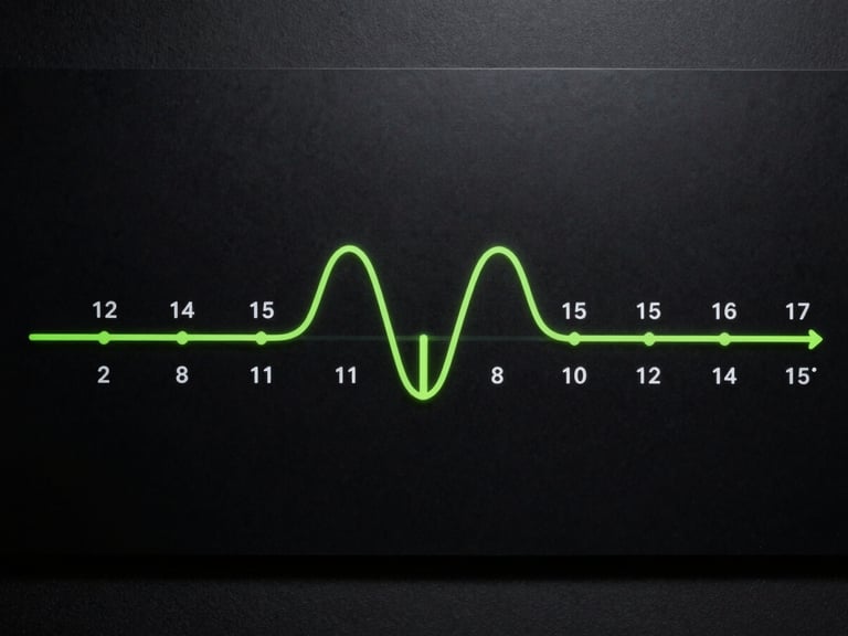 Wide shot of a full cycle visualization diagram rendered on a near-black surface, a neon green curve tracing cycle depth across 15 match intervals, breakpoint highlighted with a vertical accent marker, lag counter annotations in monospace type alongside the curve, studio precision high contrast lighting, overhead analytical framing, no human figures