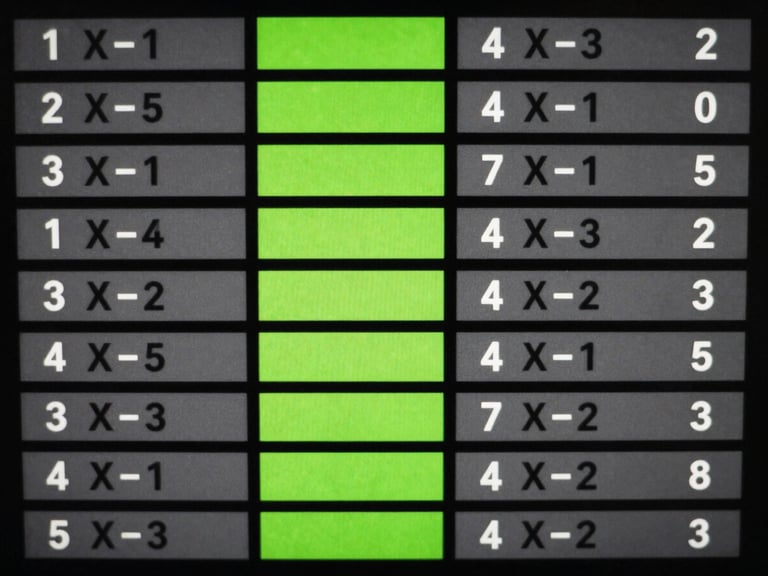 Extreme close-up overhead view of a monochrome data grid showing 15 rows of virtual football match result sequences, neon green highlighted cells marking pattern breakpoints, studio precision lighting, high contrast on near-black background, no human figures