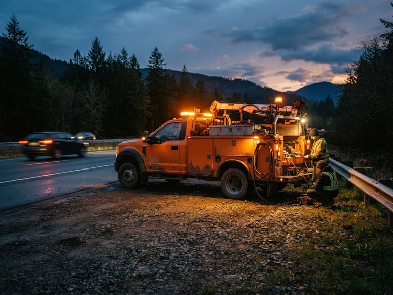 Wide environmental shot of a rugged orange mobile service truck parked on a gravel highway shoulder at dusk, emergency strobe lights casting a warm glow, sharp focus, 35mm