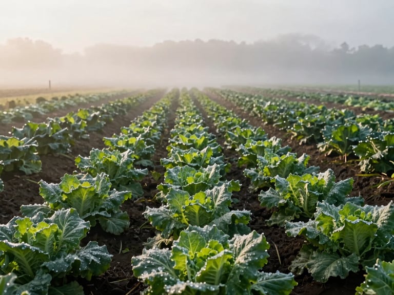 Wide-angle view of a quiet, misty organic vegetable farm at sunrise, dew on rows of leafy greens, soft low-contrast natural daylight.