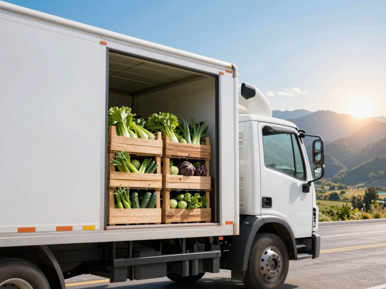 Clean white delivery truck being loaded with crates of fresh green produce at dawn, sun rising over the Bear River valley mountains, high-key natural morning light, 35mm lens