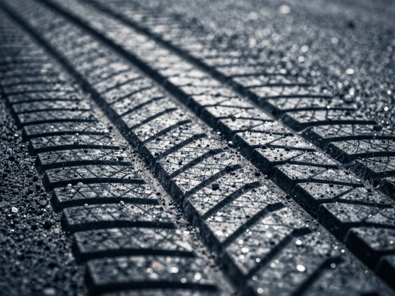 Tire tread marks on asphalt with sharp shadows, high-contrast industrial lighting, desaturated steel and deep blue tones, macro lens detail, 35mm