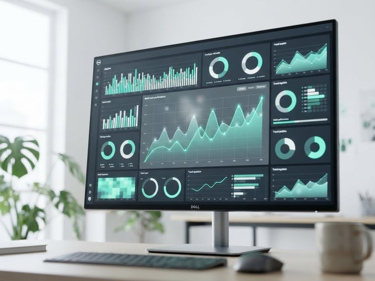 Clean tech photography, bright natural office light, modern analytics dashboard on a screen with aqua green accents, sharp focus.