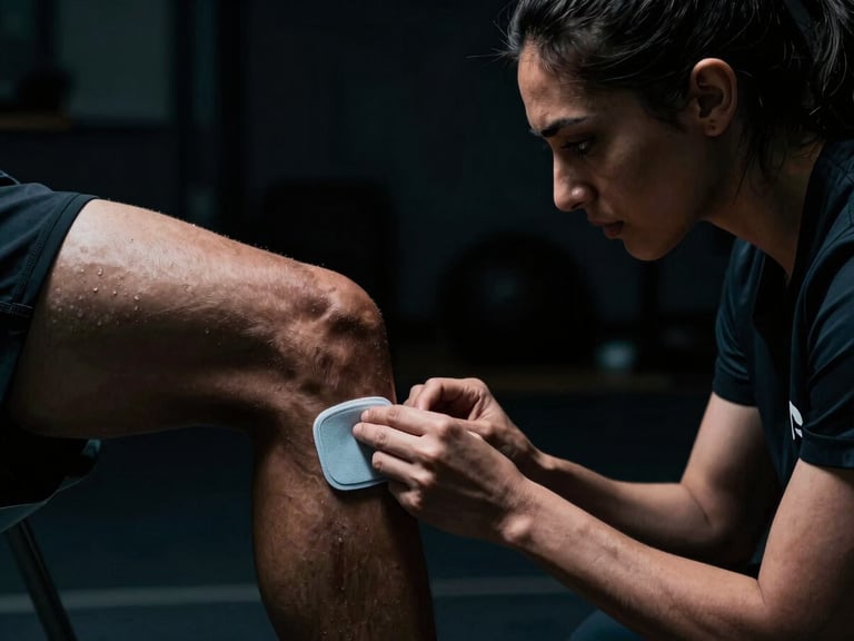 Close-up of a female DPT (Dr. Anya Sharma) adjusting a sensor on an athlete's knee, dramatic directional lighting, high contrast, deep shadows, 35mm