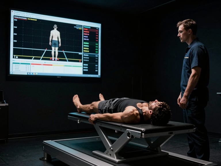 Male DPT (Dr. Ben Carter) observing an athlete on a force plate, screen showing gait analysis data in background, dramatic lighting, high contrast, 35mm