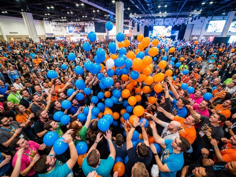 Dynamic wide-angle shot of a massive convention center crowd engaged with a speed-twister, hands in motion, vibrant electric blue and safety orange balloons, high-key lighting, high-energy atmosphere.