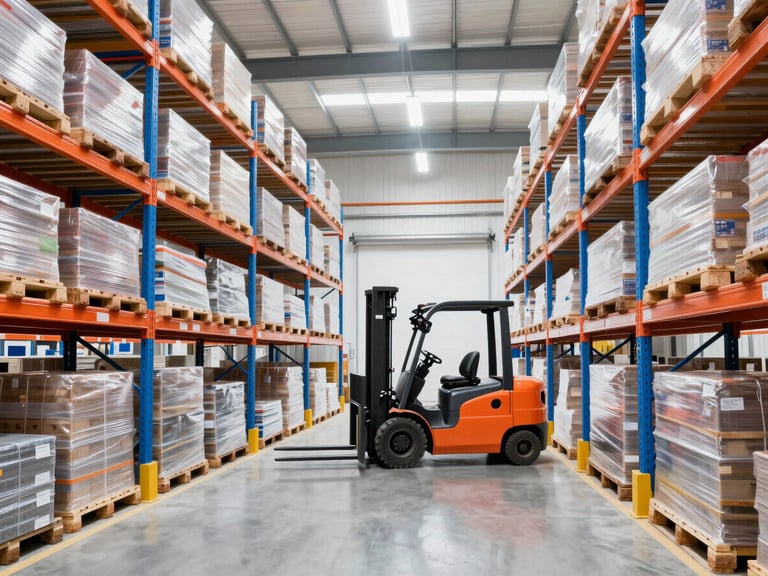 Bright modern warehouse interior with high-key lighting, clean tall storage racks, organized pallets, and a forklift in motion, 24mm commercial photography