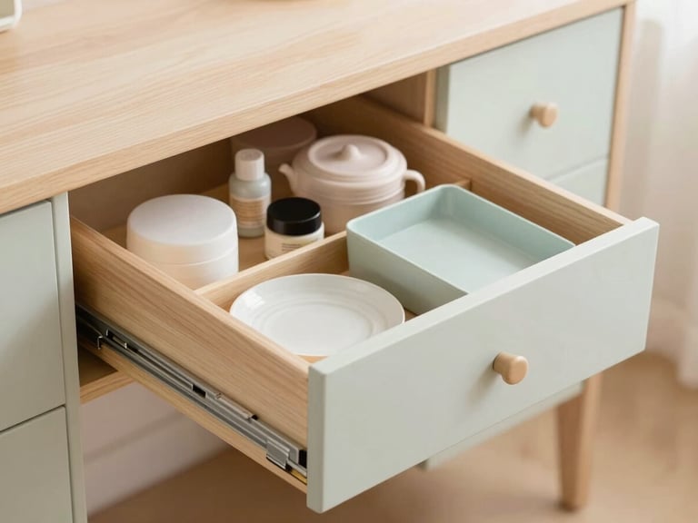 Close-up of a hidden storage drawer sliding open in a pastel wood desk, revealing organized contents, soft light.