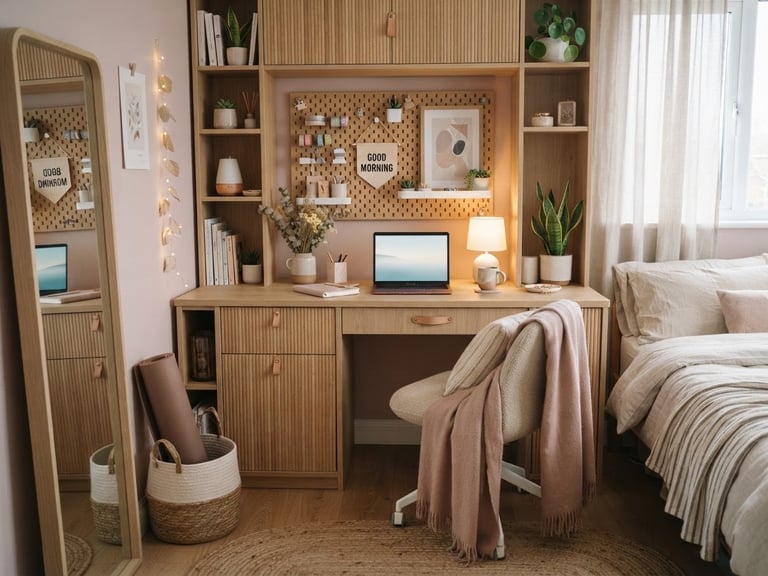 Styled teen bedroom corner, showing a multi-functional desk setup with hidden storage, soft pastel accents, and warm ambient lighting, 35mm lens