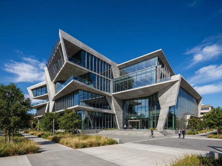Crisp architectural photography of a modern concrete and glass tech headquarters in bright daylight, sharp clean lines, deep blue sky, 35mm lens