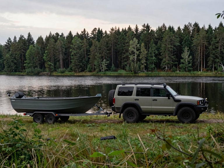 Wide environmental shot of a robust SUV towing a fishing boat on a trailer, parked by a calm Lithuanian lake at dawn, overcast soft morning light, deep forest green and natural tones, 35mm photography.