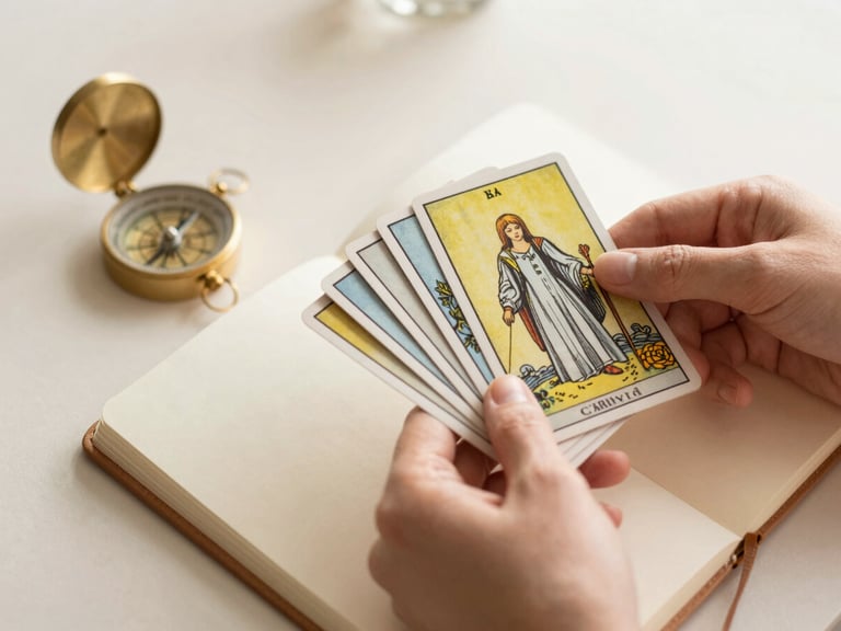 Soft warm-toned editorial photograph of hands holding elegant tarot cards over an open leather notebook, minimalist brass compass nearby, diffused morning sunlight, shallow depth of field, 35mm
