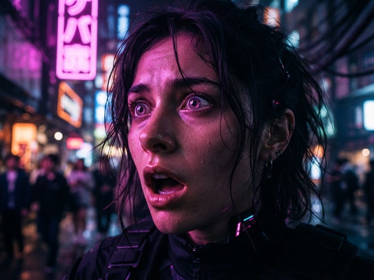 Extreme close-up of a shocked female face under intense magenta cyberpunk neon lighting, shallow depth of field, vertical 9:16 crop.