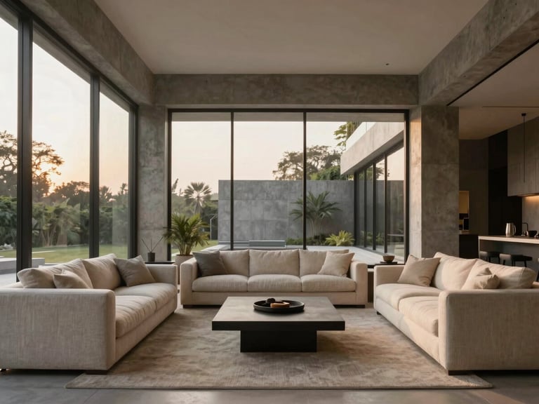A minimalist luxury villa living room in Sadashivanagar Bangalore, floor-to-ceiling glass walls, raw concrete accents, soft ivory linen sofas
