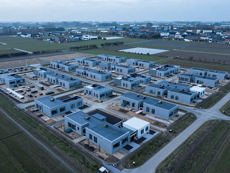 Aerial view of a new residential development site in a Dutch polder landscape, showing efficient land use and early-stage construction with foundations being laid, overcast daylight, cool blue and slate tones, sharp focus.