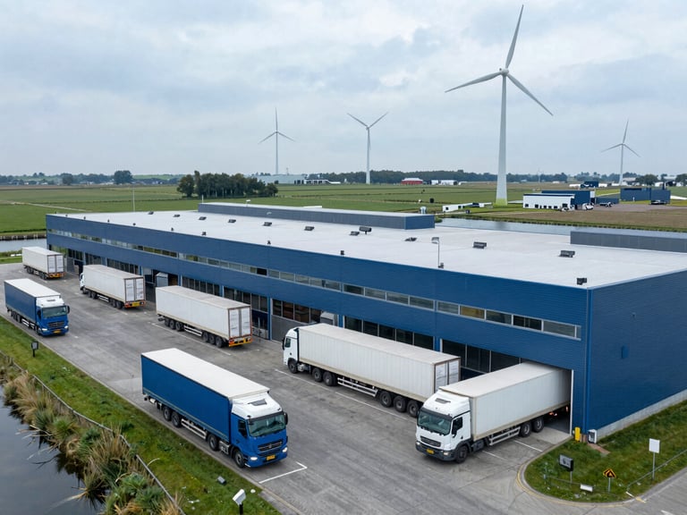 Wide shot of a modern distribution center exterior with trucks loading, natural overcast Dutch daylight, cool blue and slate tones, sharp focus, 35mm, integrated into a typical Dutch polder landscape with canals and wind turbines in the background