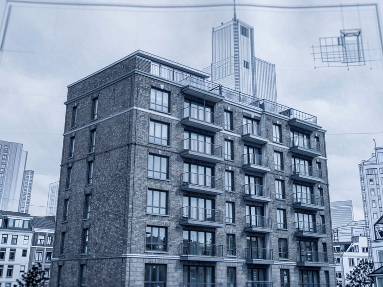 Close-up of architectural blueprints for a residential building overlaid with a Dutch urban skyline, emphasizing complex lines and details, natural overcast daylight, cool blue and slate tones, sharp focus.