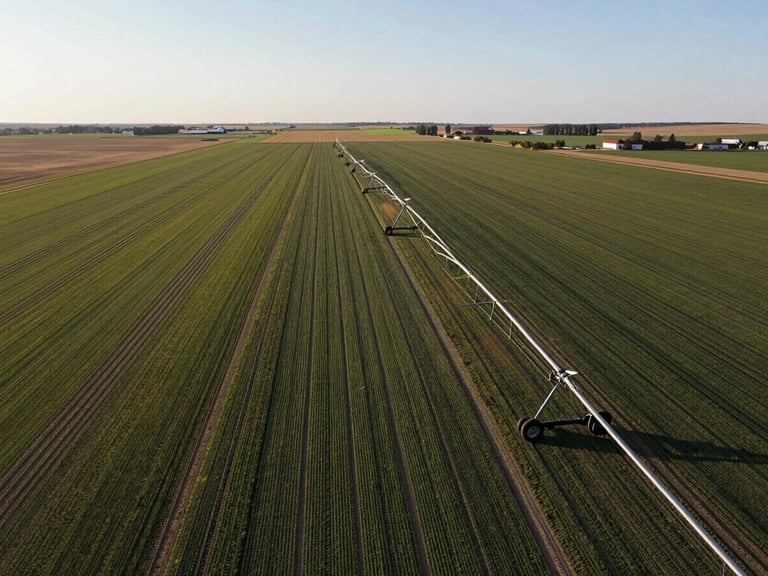 Extreme wide-angle drone photograph of a massive center-pivot irrigation system operating on perfectly straight crop boundaries in Lethbridge County under crisp morning light.