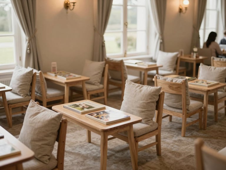 A beautifully styled children's lounge inside a luxury wedding venue, neutral-toned custom child-sized wooden chairs and tables, elegant linen cushions, high-quality picture books, soft warm window light, no plastic toys.