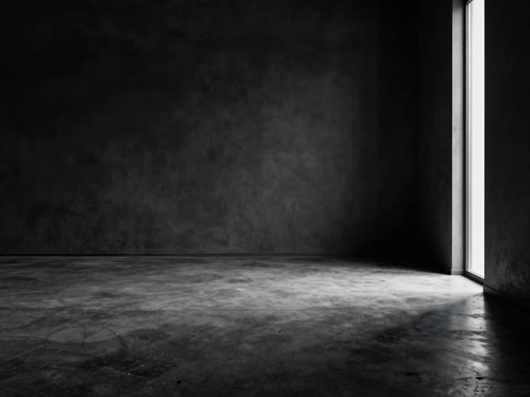 Wide panoramic shot of an empty dark luxury interior — polished concrete floor, a single narrow column of natural light entering from a tall unseen window on the far right, the rest of the room in deep shadow, architectural geometry visible only through tonal contrast, no furniture, no people, no text
