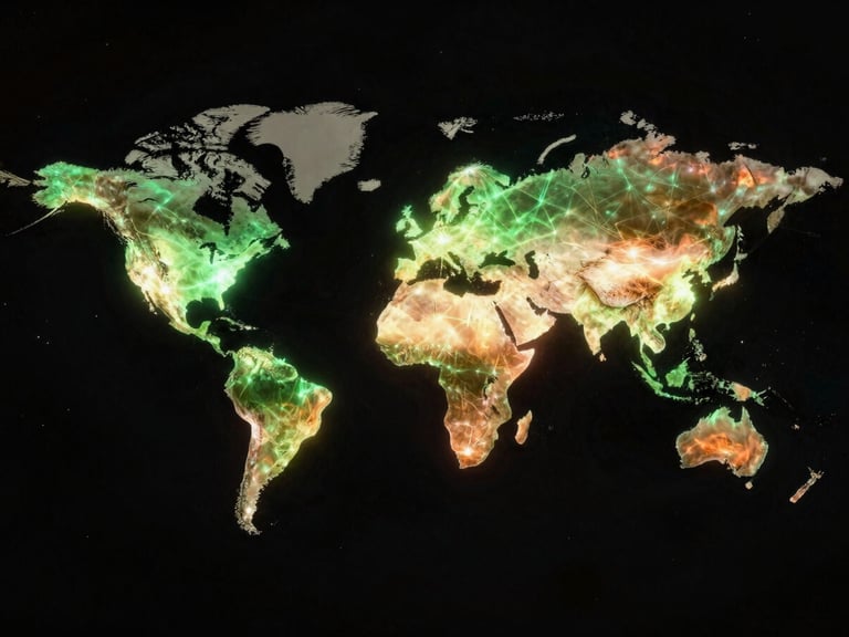 Wide panoramic deep space canvas, a glowing abstract world map illuminated by precise neon green and solar orange light pathways connecting continents, high contrast, dramatic backlighting.