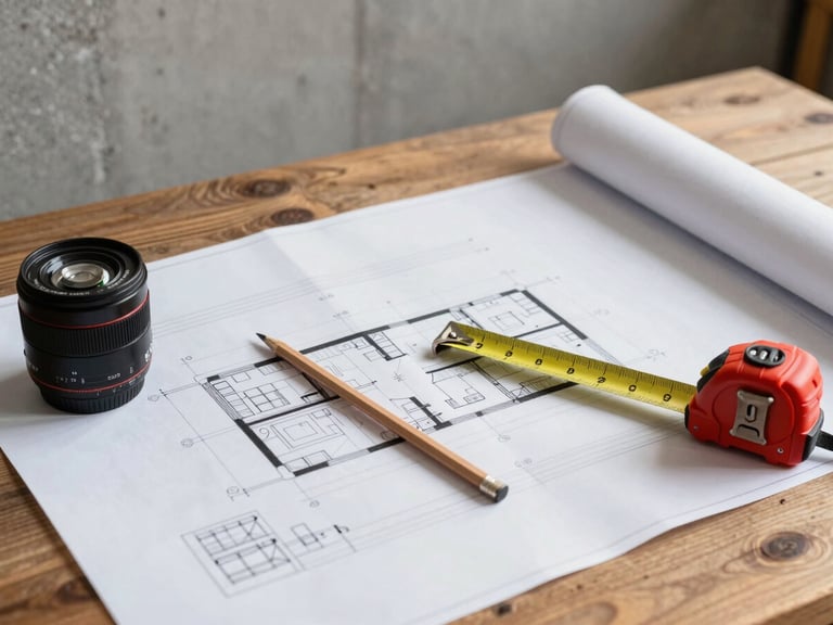 Close detail of architectural plans spread flat on a wooden site table under natural daylight, a measuring tape and pencil resting across the drawings, concrete wall texture visible in the background