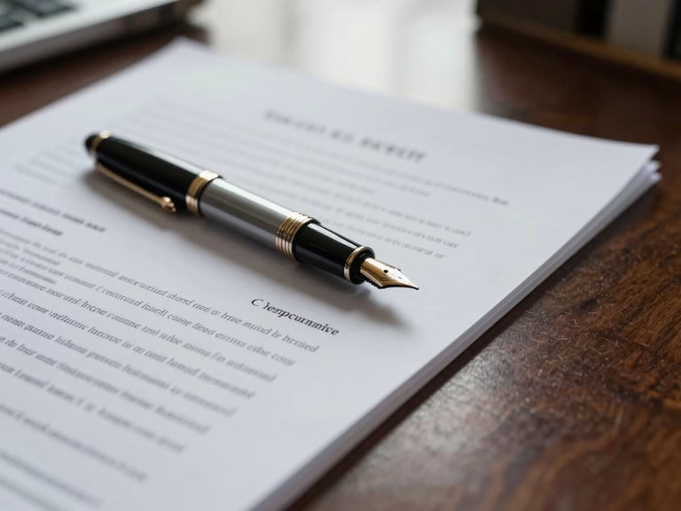 Close-up of structured legal documents and a classic fountain pen resting on a dark walnut desk, soft daylight filtering through office windows, shallow depth of field.
