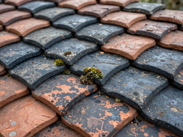 Close-up of weathered interlocking clay tiles being carefully cleaned, showcasing natural moss removal under overcast daylight, sharp details, 35mm lens