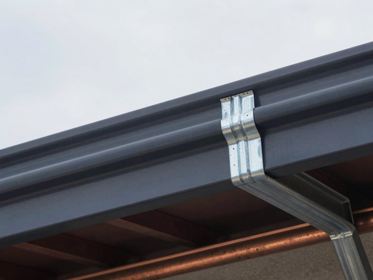Macro shot of hand-cut zinc seams and clean rooflines against an overcast French sky, detailing professional metalwork, authentic editorial photography