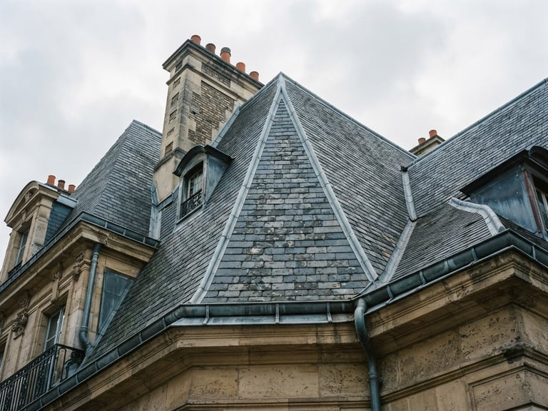 Low-angle architectural shot of a historic French building roof, detailed interlocking natural slate tiles, zinc gutter seams, natural overcast daylight, 35mm lens