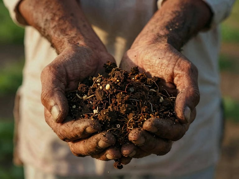 Close-up of a Pakistani Punjabi farmer's hands cradling rich dark fertile soil mixed with organic compost, warm late-afternoon daylight, detailed texture.