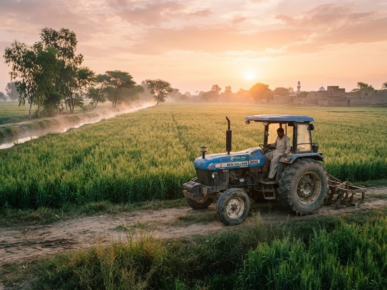 Cinematic editorial photography of a modern tractor parked beside a lush green wheat field in Chichawatni, Punjab, Pakistan. Warm golden hour sunrise lighting, soft mist rising from irrigation canals, medium format film, highly detailed, authentic Pakistani rural landscape.