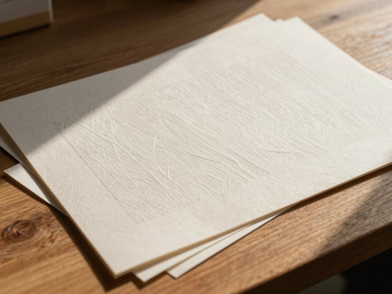 Close-up of tactile print mockups with visible heavy paper textures layered on a wooden table, warm natural sunlight casting sharp shadows.