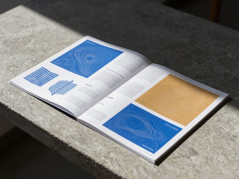 Tactile print portfolio layout spread across a concrete table, vibrant sky blue and amber branding materials casting sharp afternoon shadows.