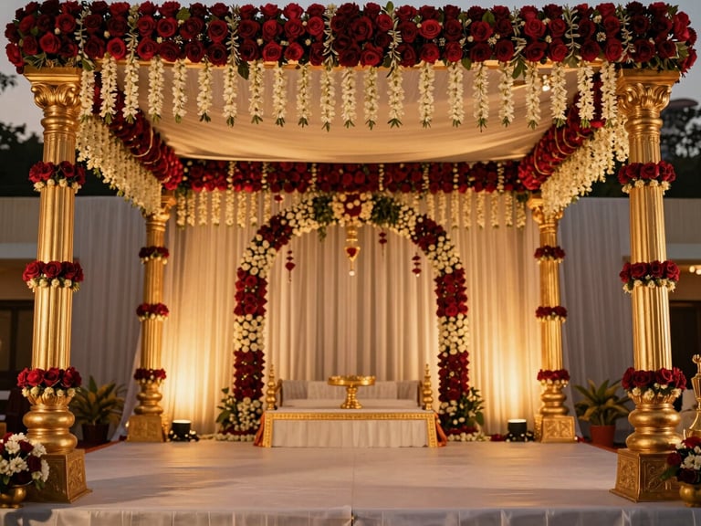 Wide environmental shot of a grand traditional South Indian wedding stage, lush floral arches of fresh jasmine and red roses, golden pillars, warm luxury lighting, 35mm.