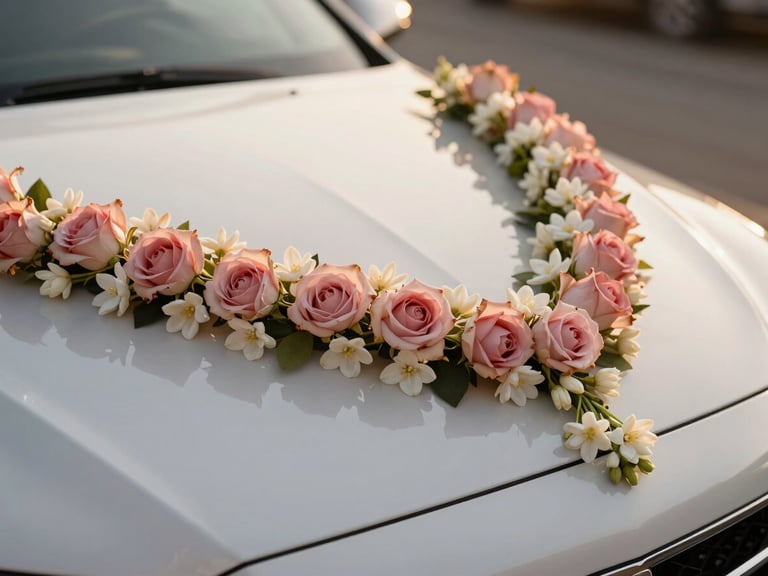 Close-up of a luxury white bridal car decorated with delicate rose pink and white floral garlands, fresh jasmine, soft golden hour daylight, shallow depth of field.