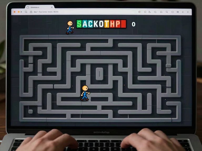 Full browser window showing an active JavaScript game — a top-down maze with a moving character sprite, score and timer displayed at the top, hands on keyboard partially visible at the bottom edge