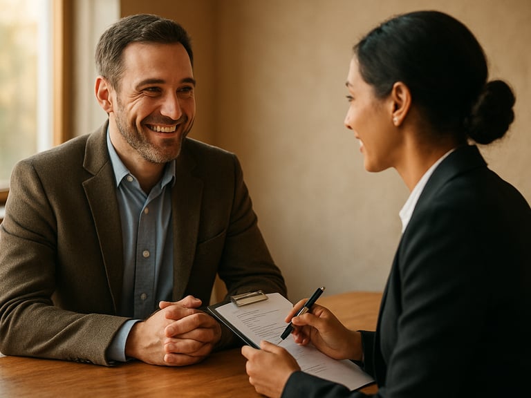 Two adults practicing a mock interview, one mentor smiling warmly, natural daylight filtering through a window, candid human interaction.
