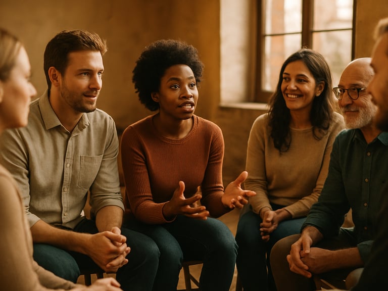 A diverse group of adults in a lively workshop circle, actively listening and engaging, warm indoor lighting, candid human interaction.