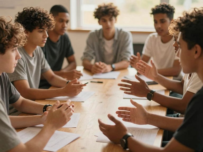 Diverse group of youth actively participating in a workshop, hands gesturing, warm natural daylight, shallow depth of field.