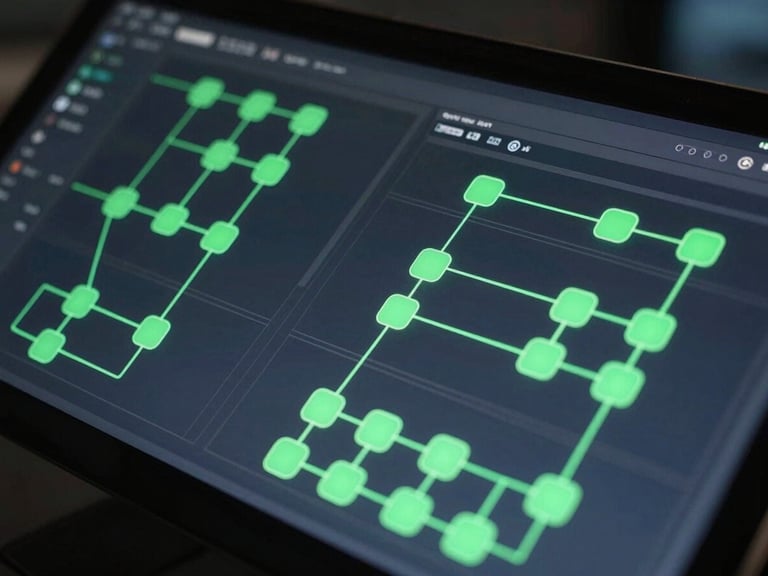 Close-up of a dark technical dashboard interface showing automation flow logic with green neon node connections, API integration topology map visible on multiple panels, workflow routing lines on a deep charcoal background, cool studio lighting, no people
