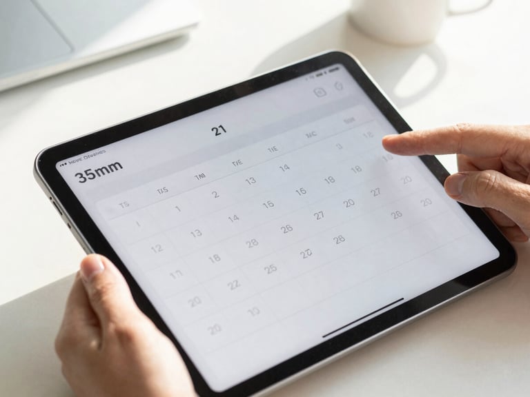 Close-up of a calendar application on a tablet showing tax deadlines, hands interacting, bright natural daylight, soft shadows, organized workspace, professional, 35mm