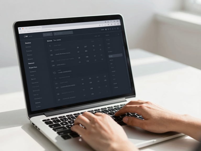 Modern digital tax dashboard on a laptop screen, hands gently typing, bright natural daylight, soft shadows, minimalist tech aesthetic, professional, 35mm