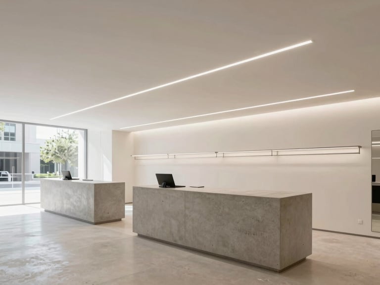 Wide-angle architectural photograph of a completed modern commercial retail space, minimalist concrete counters, crisp linear lighting, bright daylight.