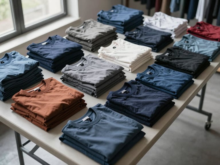 Overhead shot of a wide folding table with garments sorted into distinct piles by color and fabric weight, natural window light from the left, no people visible