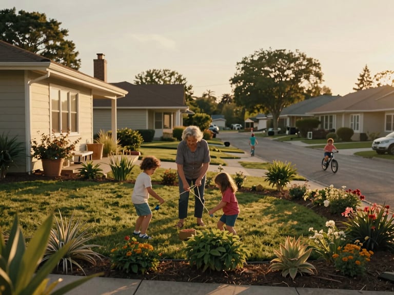 Medium landscape shot, grandmother and two grandchildren playing in the front yard of a modest home, golden hour light bathing the scene in warm amber, established garden with flowering plants, neighborhood street behind them with children riding bikes in the distance