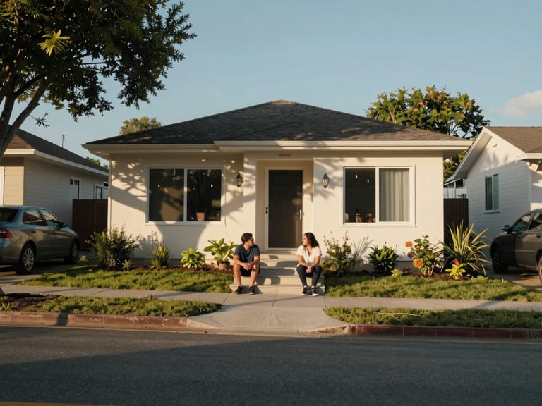 Wide shot, couple sitting on low steps at the entrance of a finished home, afternoon sun casting long warm shadows across a quiet residential street, neighbors' homes visible in the background with parked cars and mature trees, natural and unscripted